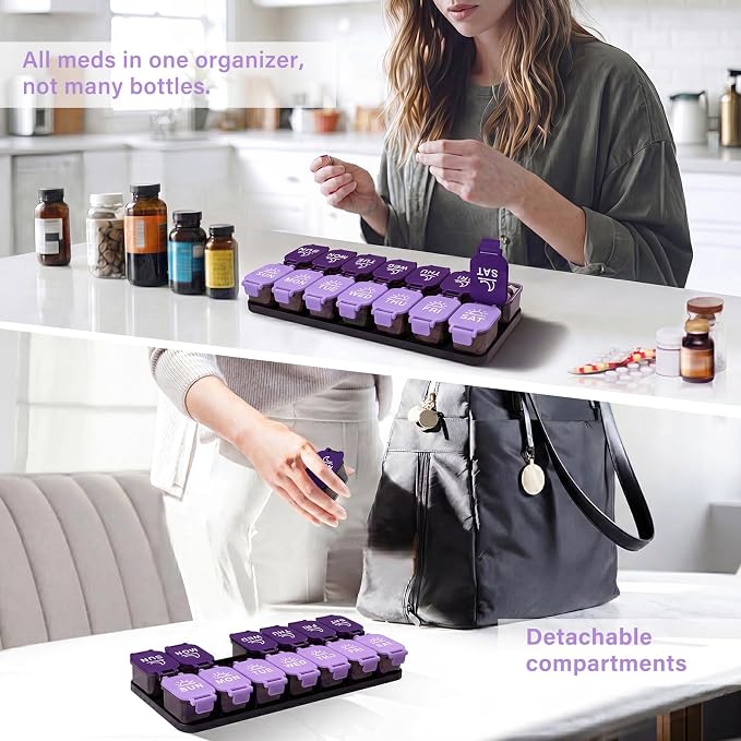 Yaklim Extra Large Weekly Pill Organizer, Detachable 7 Day AM PM Pill Box | XXL 14 Detachable AM PM Compartments；For Big Vitamins & Supplements； Easy to Open & Fill； Waterproof Seals； Easy Readability