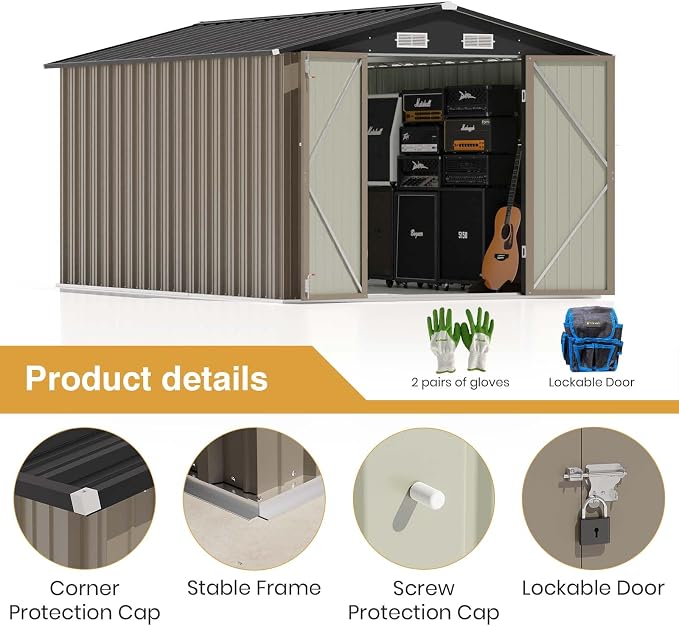 Patiowell 8x12 FT Outdoor Storage Shed, Brown | Steel Shed Storage House, Lockable Doors Design, Utility and Tool Storage, Garden, Patio, Backyard, Outside Use