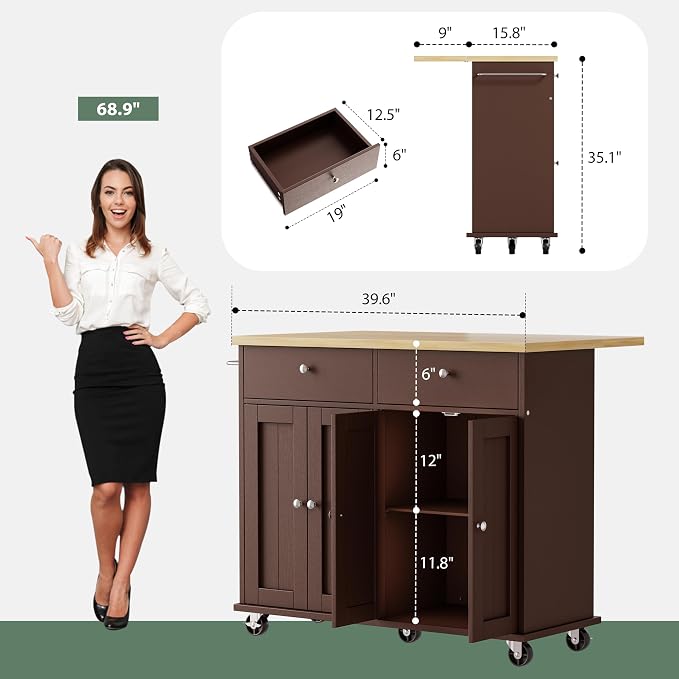 JY QAQA 39" Kitchen Island on Wheels with Storage Cabinet Kitchen Cart Cabinet with Shelves, Cart Handle for Towel Rack or Free Mobility, Portable Islands for Kitchen, Brown