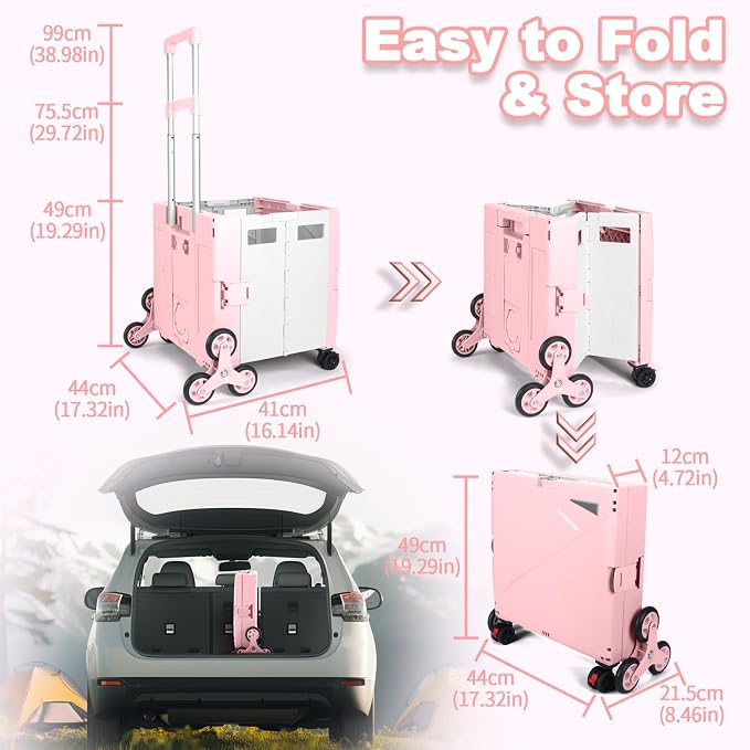 76L Folding Utility Cart Portable Rolling Crate Handcart Shopping Collapsible Tool Box with Stair Climbing Wheels,Hidden Lid,2 Rotate Wheels,for Grocery,Shopping,Office,Storage(Pink-White)