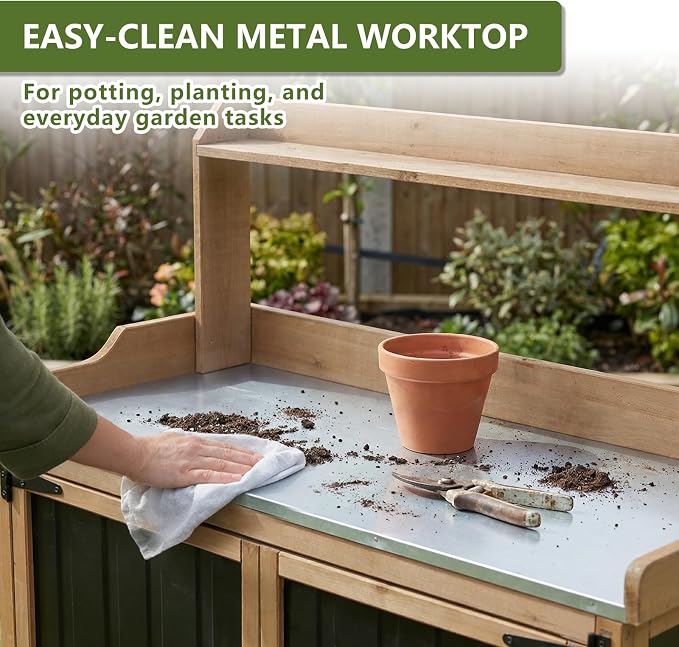 Ketive Rolling Potting Bench with Storage and Galvanized Metal Top | Fir wood components, enclosed cabinet, 2-position shelf, and 4 swivel casters for patio and backyard gardening
