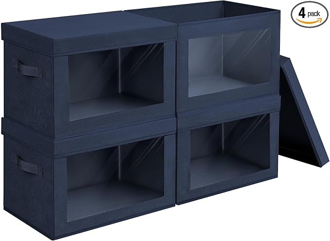 Organizing Bins with Lid - 4 Pack Foldable Clear Window Storage Bins, Large Storage Boxes with Handles, Storage Containers for Clothes, Towel, Blanket, Sheet, Navy Blue