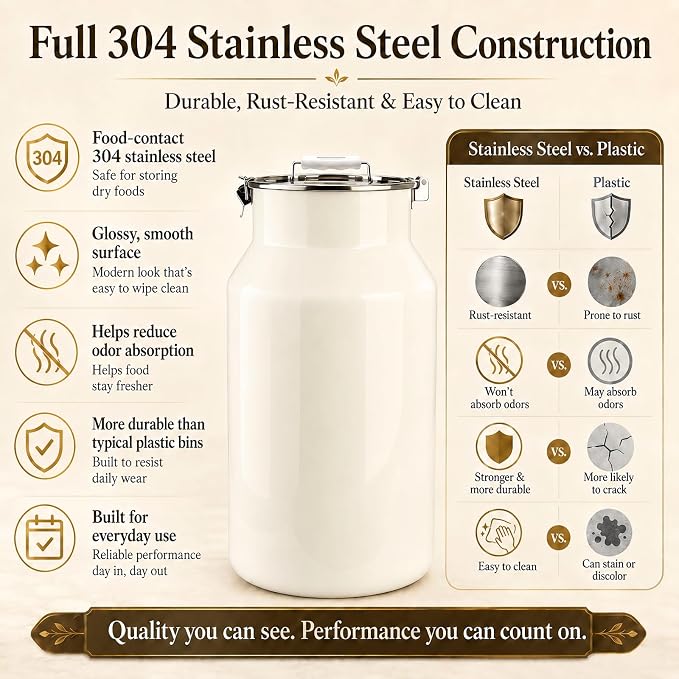35 lb Dog Food Storage Container, Airtight 304 Stainless Steel Bin | 32 Qt capacity, locking lid, silicone seal ring, top handle, 1 cup scoop, for kibble, dogs and cats