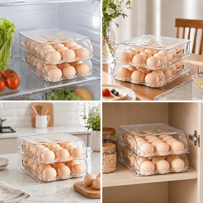SMRCAD 54-Egg Dispenser with Silicone Bumpers, Auto-Rolling, Stackable | BPA-free food-grade PET | Stackable with lid | Built-in handle | 11.92"L x 8.85"W x 7.9"H | Hand wash only