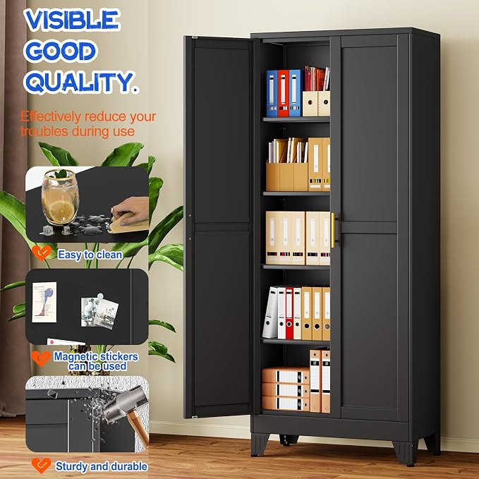 GAIOUS 71''Tall Metal Garage Storage Cabinet,File Cabinet with Door and Adjustable Shelves, Outdoor Steel Tool Cabinet for Home,Office,Warehouse,Garage,Black