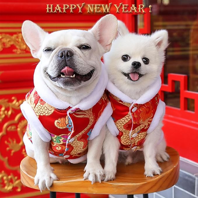 BAMY New Year Dog Dragon Robe Costume Warm Cat Cheongsam Winter Pet Clothes Vest of The Tang Dynasty Christmas Coat for Cats Teddy Bichon Small Medium Dogs (XXL (Chest Circumference 24.4in))