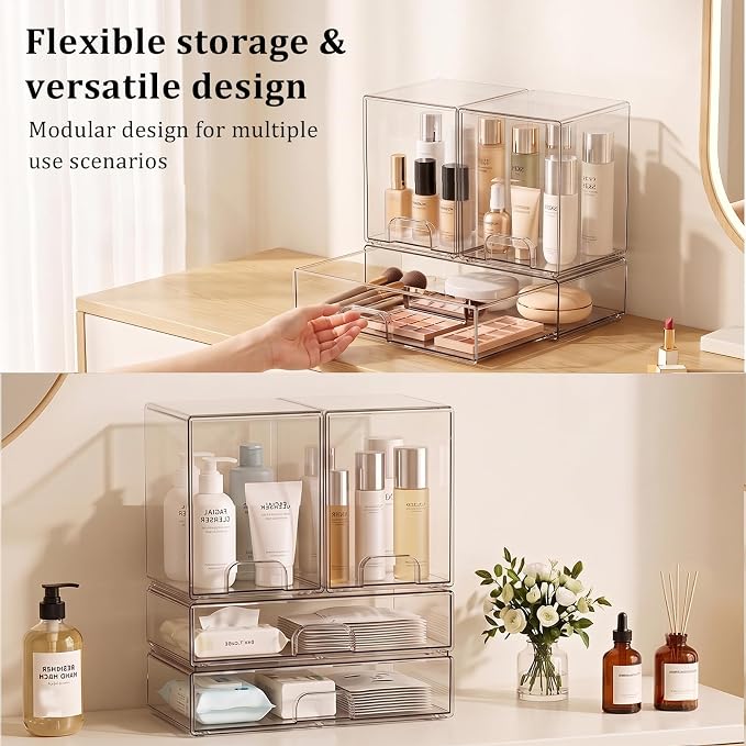 Clear Stackable Storage Drawers: Acrylic Organizer Bins 4 Pack | for Baby Bottle makeup Ideal for Countertop, Vanity, Station, Bathroom, Kichen Cabinet Pantry Organization