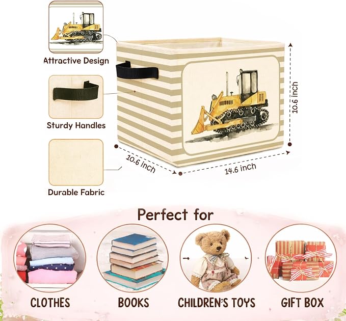 Bulldozer Storage Bin, Construction Truck Beige Stripe Fabric Basket | Foldable construction truck fabric organizer for nursery, bedroom, playroom, toys, books, and clothes