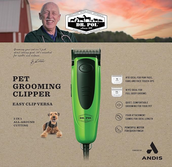 Andis Dr. Pol Easy Clip Versa Clipper Kit - Complete Grooming Solution with Detachable Blades, Attachment Combs, Nail Clipper & More for Safe, Efficient Grooming of All Dog Types, Green, 561121