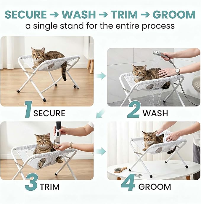 Pet Bathing Hammock, Foldable 8-Hole Grooming Stand for Small Pets (Grey) | Easier Pet Bathing, Less Scratches and Bites, Sturdy Frame Quick-Dry Mesh, Ideal for Dogs & Cats, Nail Trimming and Grooming
