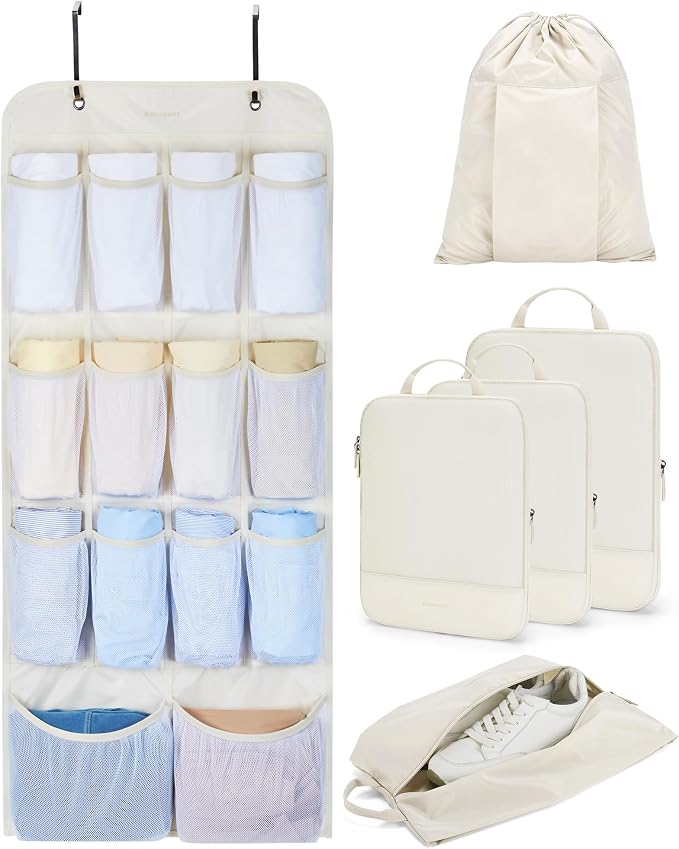 BAGSMART Hanging Compression Packing Cubes 6 Set Cruise Travel Essentials | 3-Fold Space Saving Hanging Shelves, Closet Organizers & Storage, Compressible Suitcase Organizer Bags, Machine Washable Cube