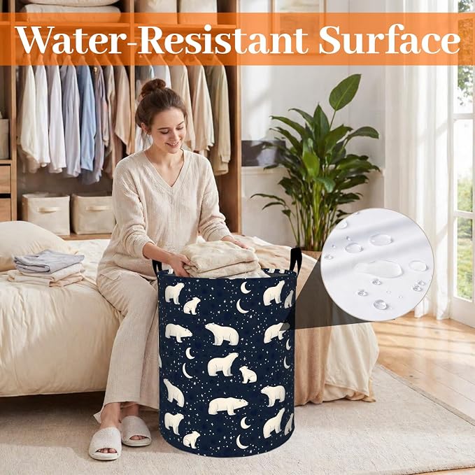 Cute Polar Bear Laundry Basket, Star and Moon Oxford Cloth Dirty Clothes Collapsible Hamper for Room Decor, Night Sky Winter Gifts, Toy Organizer 19.7 x 15.7 Inches for Bedroom Bathroom Dorm