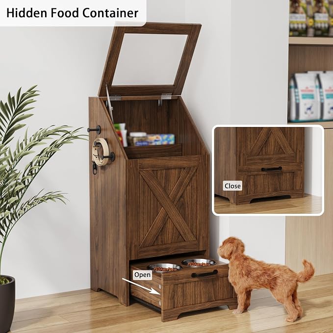 Dog Feeding Station with Storage Cabinet & 2 Elevated Bowls,Walnut | All-in-one Pet Feeding Station: Sealed Food Bin + 2 Pull-out Elevated Bowls + Shelf + Side Hooks. Moisture-Proof.