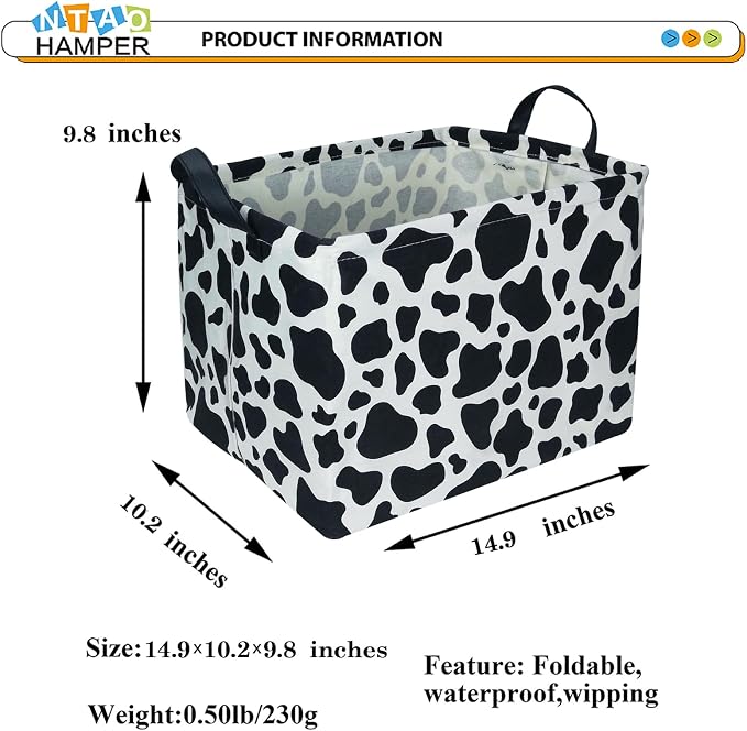NTAOHAMPER Rectangular Cow Storage Basket, Waterproof Cowprint Box with Handles, Room Decor, Gift Basket for CowLovers, Collapsible Storage Bin(Cow)