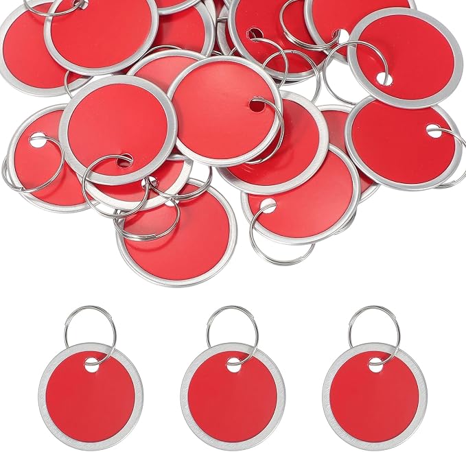 PATIKIL 1.2 Inch Metal Rim Key Tags 25 Pack Blank Round Paper Tags Bulk Writable Keychain Identifiers with Split Rings for Car Door Drawer Key Luggage Pet, Red