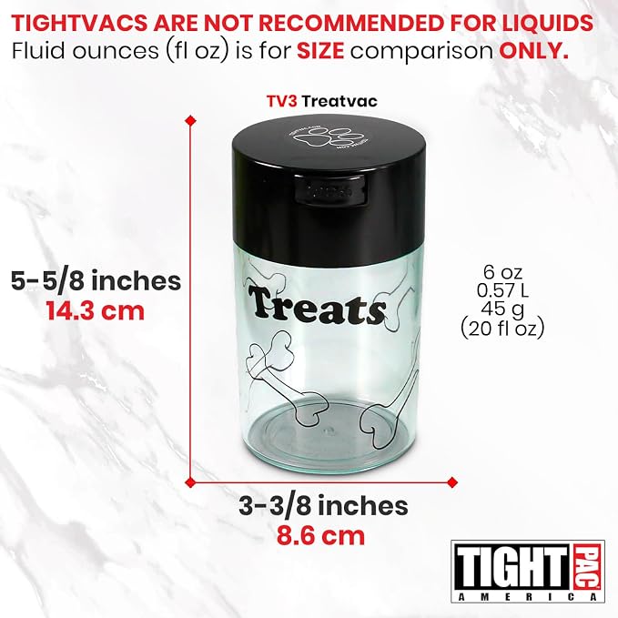 Tightpac Pawvac 1 to 6 Ounces Container, Airtight Pet Food and Treats Storage Jar - Patented Vacuum Seal Container for Pet Food, Treats and other Dry Goods - Clear with Treats
