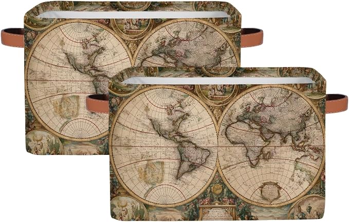 Globe Travel World Map Storage Basket Cloth Storage Cube Basket Bins | Collapsible Cloth with Handles Rectangular Toys Nursery Bedroom Home Office