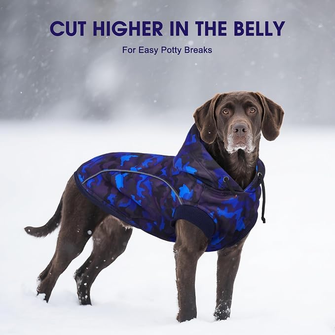 IECOii Dog Hoodie for Large Dogs, Fleece Lined Dog Sweatshirt Pullover with Leash Hole and Reflective Stripes, Windproof Warm Hoodie for Dogs Girl Boy, Fall Winter Outdoor Hoodies, Blue Camo, XXL