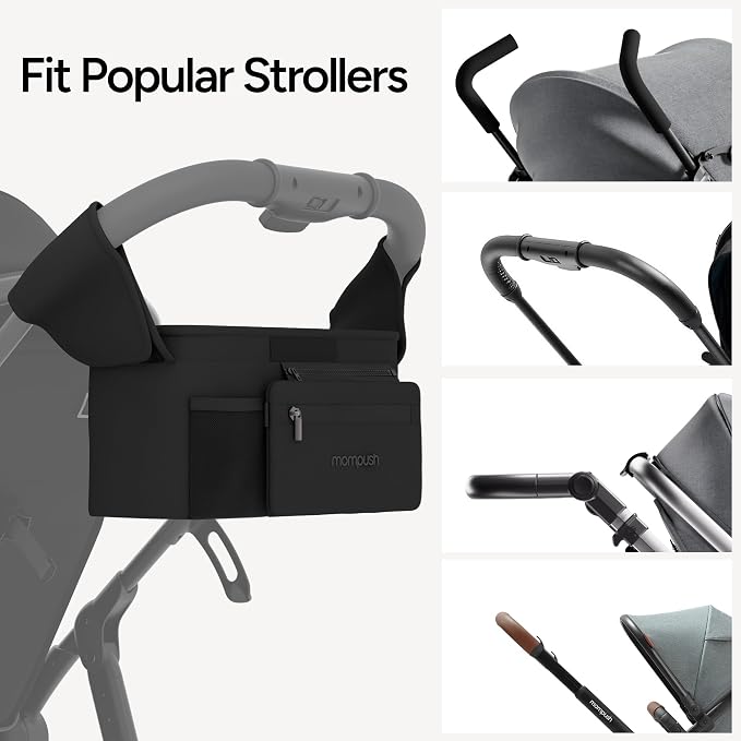 Mompush Universal Stroller Organizer Caddy with Insulated Cup Holder | Large storage capacity, multiple pockets, detachable zippered pouch, secure Velcro straps, universal stroller fit