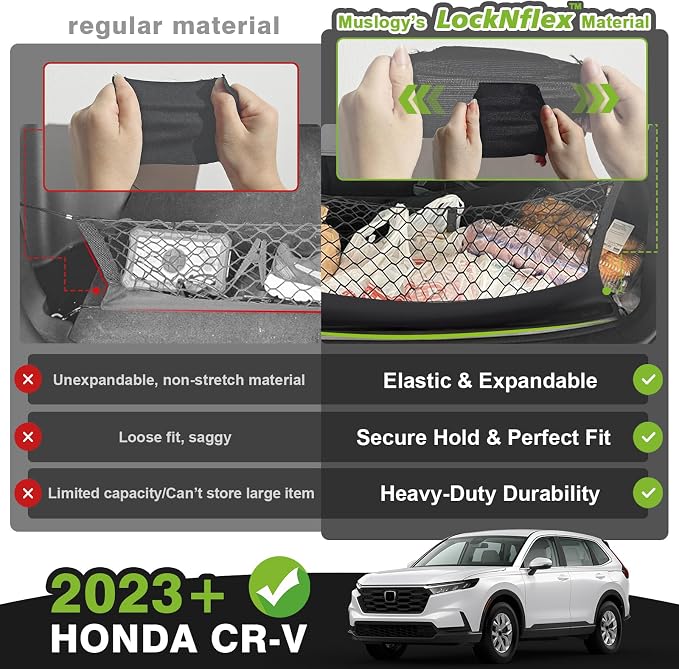 Muslogy Cargo Net for 2023-2025 2026 Honda CR-V CRV Accessories | Custom Fit, Trunk Storage Organizer Net for SUV Sedan Van Divider, with Heavy Duty Carabiners, Night Visible Grab Handle