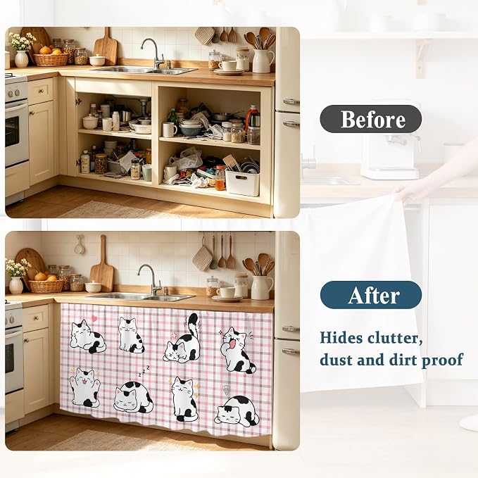 Cute Cat Cabinet Curtains 28"x51" Sink Skirt for Bathroom Kitchen, Modern Playful Pet Cats Pink Brown Plaid Self Stick Adhesive Under Desk Covers Tall Laundry Cabinet Storage Organizer