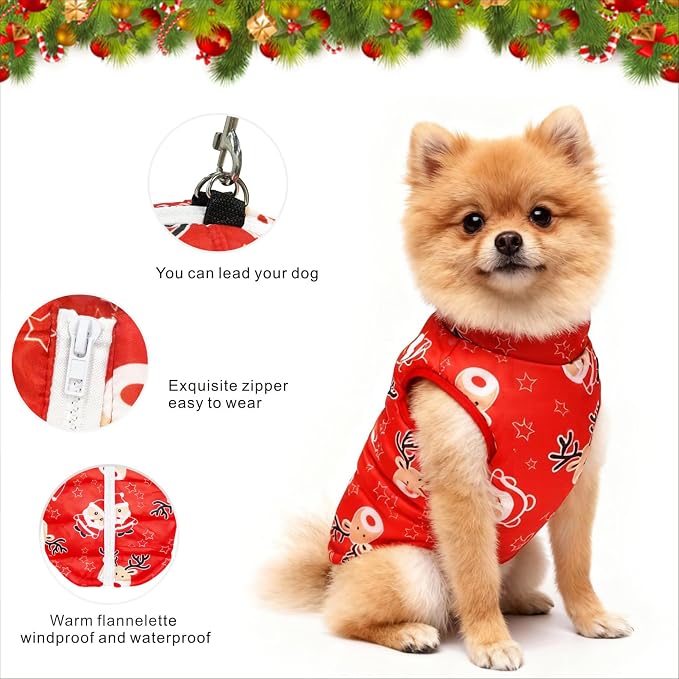 Idepet Pet Dog Cat Coat with Leash Anchor Color Patchwork Padded Puppy Vest Jacket Teddy Chihuahua Costumes Pug Cloth XS S M L(X-Small,Red-Santa&Reindeer)