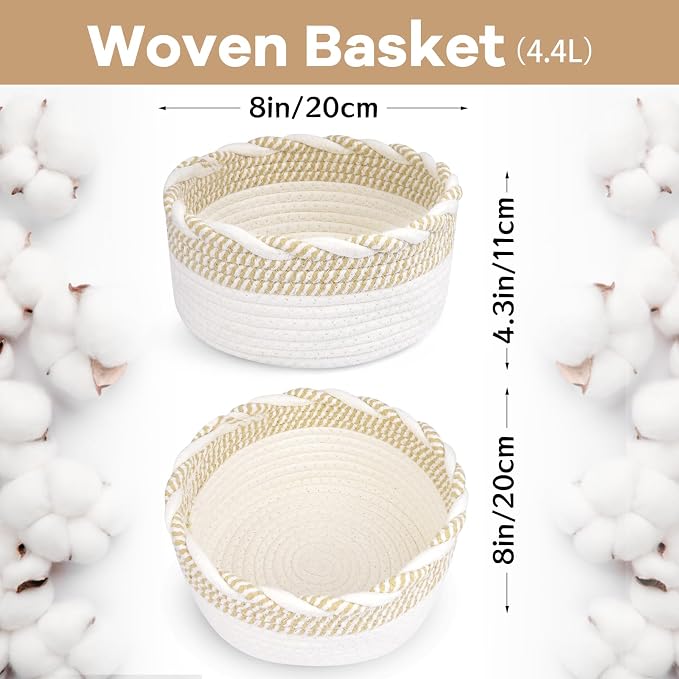 Small Cotton Rope Storage Basket, Boho Cotton Rope Storage Bins for Towel,Pet Kids Toy, Round Jute-Colored Woven Basket, Empty Gift Basket, 8 x 8 x 4