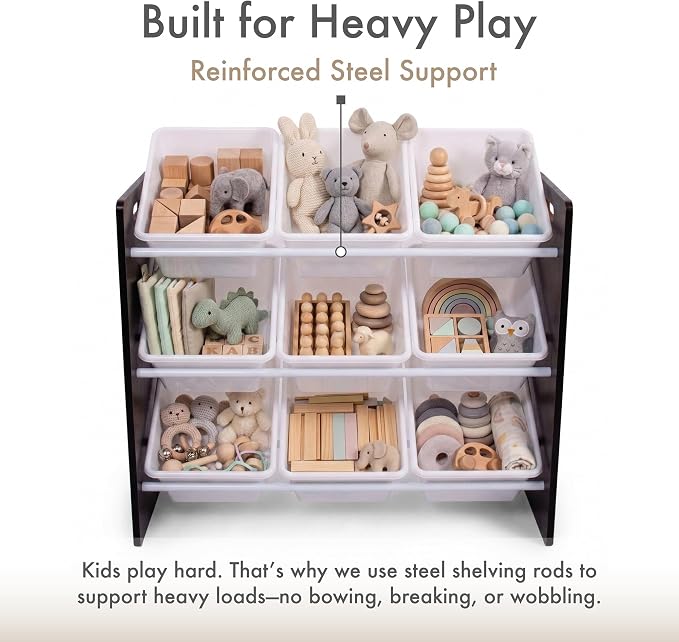 Humble Crew Toy Storage Organizer with 9 Removable Storage Bins for Kids Playroom, 3-Tier Toddler Toy Organization and Storage, Espresso/White