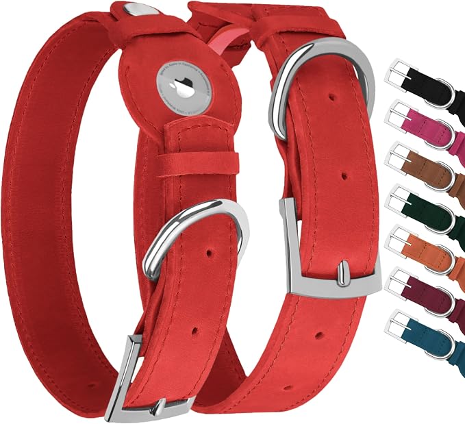Leather Dog Collar with Airtag Holder - Apple Air Tag Dog Collars - Soft Tracking GPS Pet Collar for Small Medium Large Dogs Breed Puppy (Red, L, 15"-19" Neck Fit)