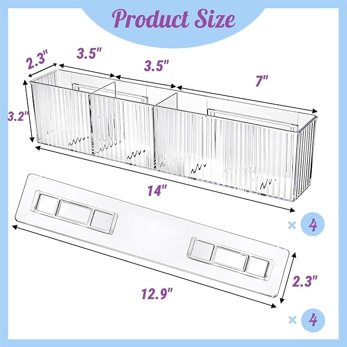 4 Pack Wall Mount Makeup Organizer, Adhesive Bathroom Shelves | 14" Long Narrow Cabinet Door Organizer with 3 Compartments, No Drilling Shower Floating Shelf for Bathroom Office