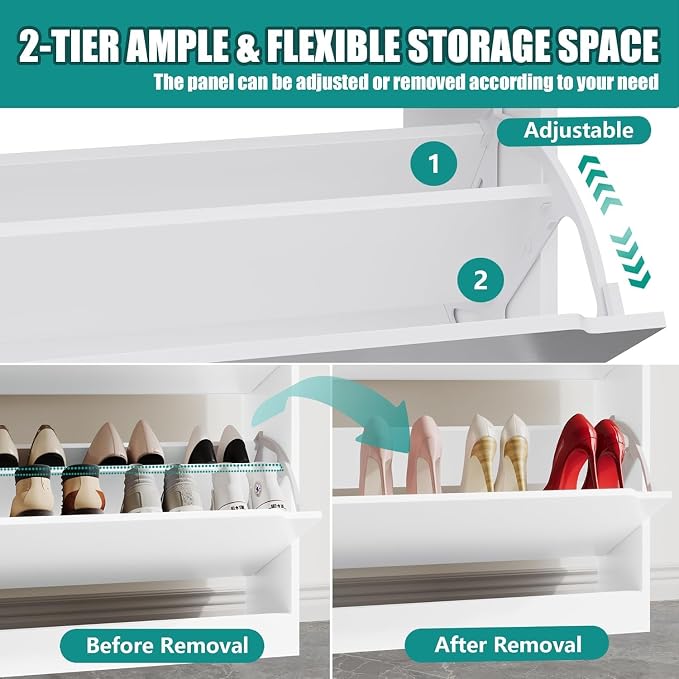 Xixini Shoe Storage Cabinet for Entryway with 2 Flip Drawers, Wood Freestanding Hidden Shoe Storage, Narrow Slim Sturdy Shoe Organizer for Front Door Entrance, Living Room, Hallway, Bedroom, White