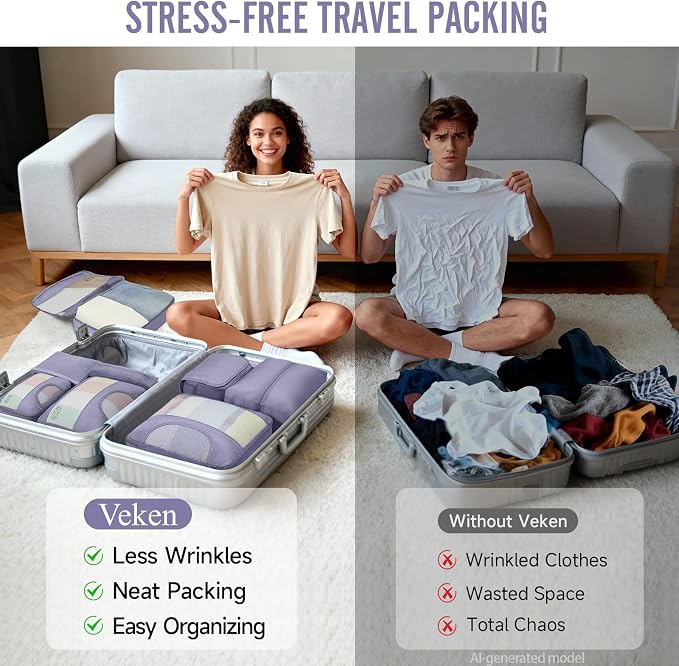 Veken 10 Set Packing Cubes for Travel Essentials, Suitcase Organizer Bags in 4 Sizes, Carry-On Luggage Accessories with Laundry Bag, Airplane Must Have with 99-Count Mesh Holes