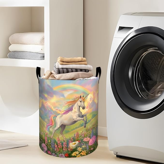 Magical Unicorn with Rainbow Laundry Basket with Handles, 19.7"x15.7" Clothes Foldable Floral Meadow Laundry Hamper Organizer for Dorm Nursery Bedroom Bathroom Decor, Toy Storage Bin for Kids