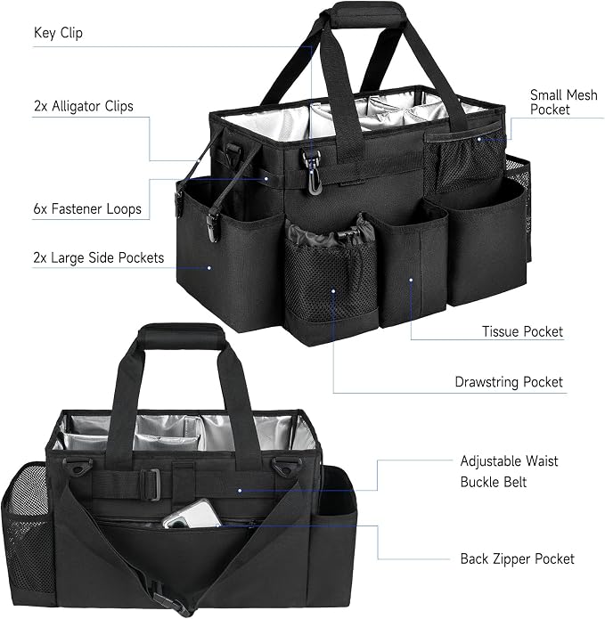 Cleaning Caddy Bag, Large Cleaning Bag for Housekeepers, Black | Cleaning Caddy Organizer for Cleaning Supplies with Handle and Adjustable Shouder Strap, Easy to Clean & Heavy Duty Design