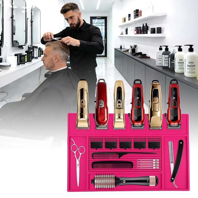 Magnetic Barber Mat for Clippers, Station Organizer with 6 Magnets | Silicone Material, Anti-Slip Surface, Heat-Resistant, Waterproof, Easy Clean, Tool Slots Design, For Barbershop & Salon, Rose