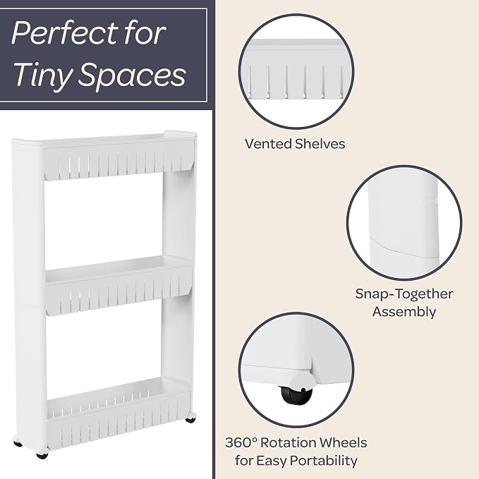 Lavish Home 3 Tier Shelf Rolling Cart, White, 19.5” x 5” x 28”