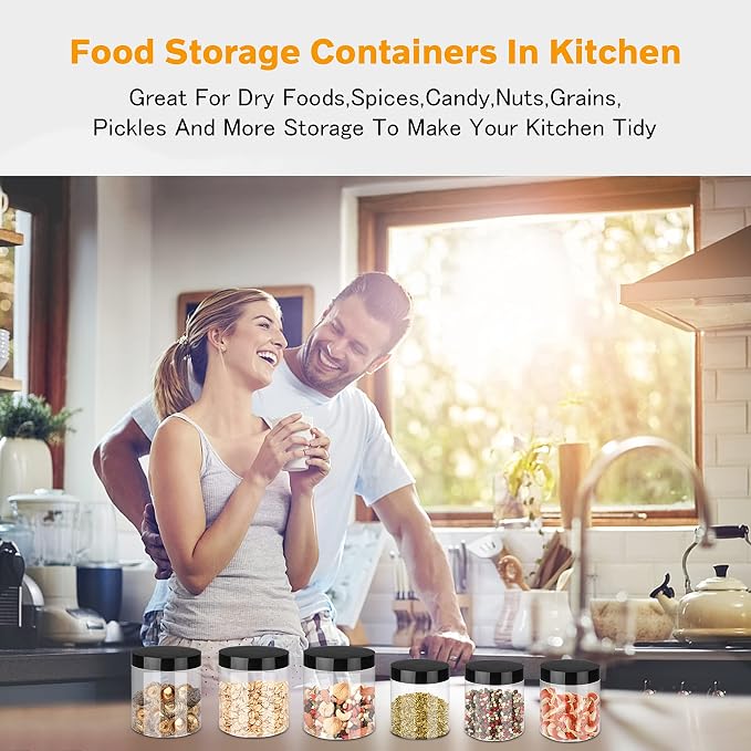 Hajoyful Plastic Jars with Lids 8 oz & 14 oz 24Pcs Clear Plastic Slime Storage Jars Containers with Airtight Leak Proof Black Screw On Lids Cylinder Clear Round Jar Food Grade Durable Jar