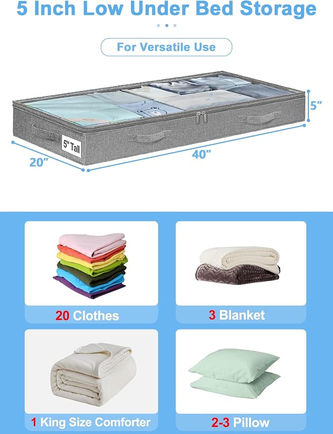 punemi 5 inch High Soft Fabric Low Profile Under Bed Storage, 2 Pack, Grey | Thin Clothes Storage Containers with 3 Handles & Clear Lid, Ideal for Bedding & Blankets, Fits Under Cribs, Sofas & Dorm Beds