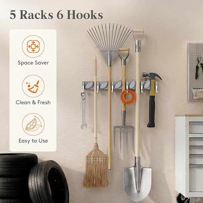 Lifewit Mop and Broom Holder Organizer Wall Mount Non-Slip, 2 Pack, Gray | Easy Install One Handed Push Cleaning Tool Hanger with 6 Hooks 5 Slots, Heavy Duty Hanging Utility Rack for Garden, Garage