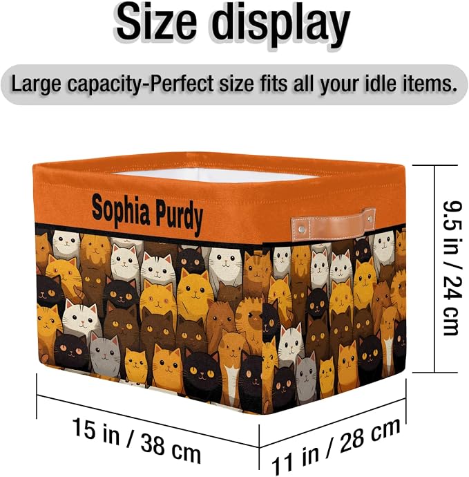 Personalized Kids Toy Box with Name, Custom Nursery Baskets Cubes Bins, Kids Custom Storage Basket Laundry Baskets Organizer with Handles, Cute Colorful Cats Pattern