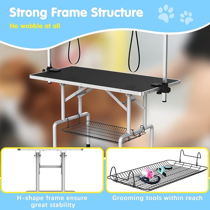 42'' Foldable Dog Grooming Table with Arms/Nooses/Mesh Tray, Black | Stainless Steel Grooming Table for Dogs at Home, Adjustable Pet Bathing Station, Non-Slip Waterproof Tabletop, Capacity 330Lb