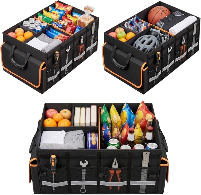 GDNasist Car Trunk Organizer and Storage for Car, SUV & Sedan | Collapsible Trunk Organizers with Lid, Car Accessories for Women Men, 2 Removable Dividers for Custom Space, Interior