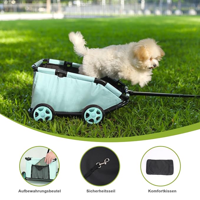 Mini Dog Strollers for Mini Pets, Foldable Multifunctional Shopping Carts with Extendable Pull Handle, Doggie Wagon Built-in Cushion and Safety Rope with Storage Bag (Tealblue)