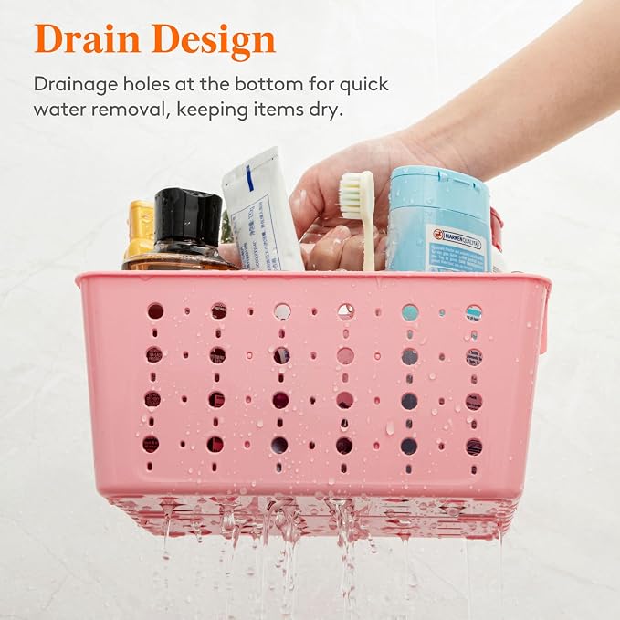 Lifewit Portable Shower Caddy, Plastic Basket Organizer, Pink, 1 Pack | Adjustable Dividers, Drain Design, College Dorm Room Essentials with Handle, for Bathroom
