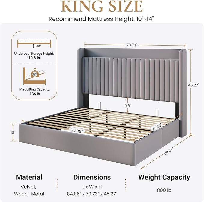 SHA CERLIN King Size Lift Up Storage Bed Frame, Charging Station, Grey | Storage Headboard with Charging Station, USB, Type-C Port Velvet Hydraulic Storage Bed No Box Spring Needed Noise Free