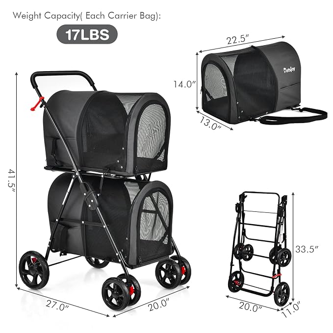 PETSITE Double Dog Stroller, Foldable Pet Stroller for 2 Dogs & Cats Small Medium Sized with Detachable Carrier on Wheels for Car Seat Walking Camping Travel (Black)