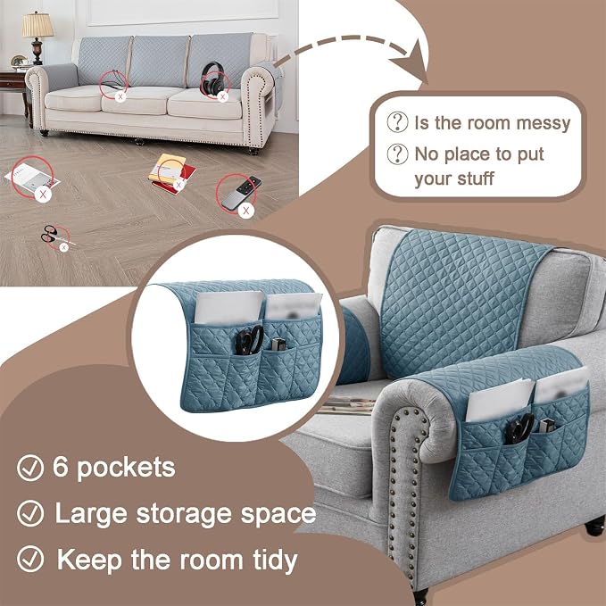 Water-Resistant Sofa Armrest and Headrest Covers with Side Pocket | Keep remotes close quilted polyester helps guard against wear, pet scratches, and kids' messes silicone backing adds grip