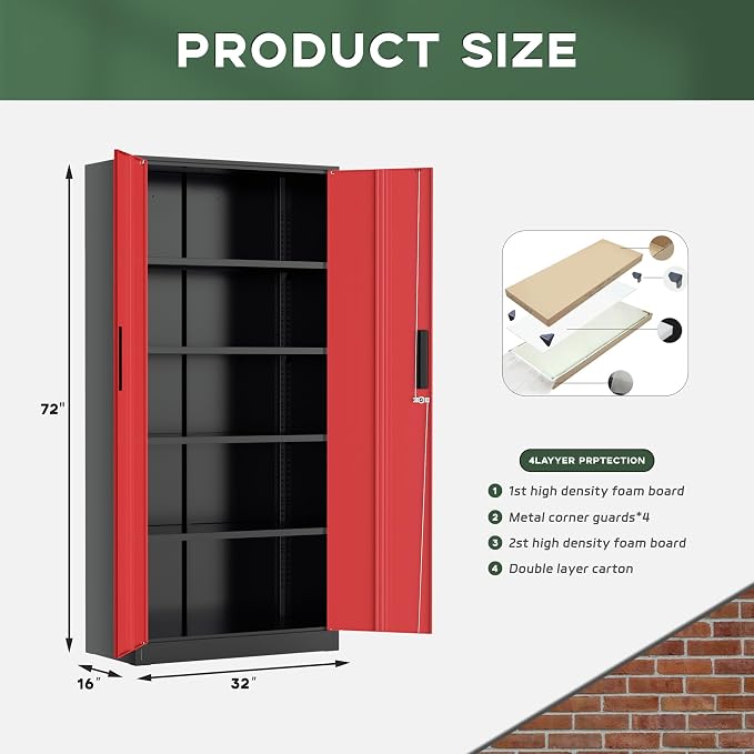 Greenvelly Metal Storage Cabinet,72" Locking Metal Garage Storage Cabinet with Doors and 4 Adjustable Shelves, Lockable Steel Cabinet for Home Office, Garage, Shop, School (Red 32" W x 16" D)