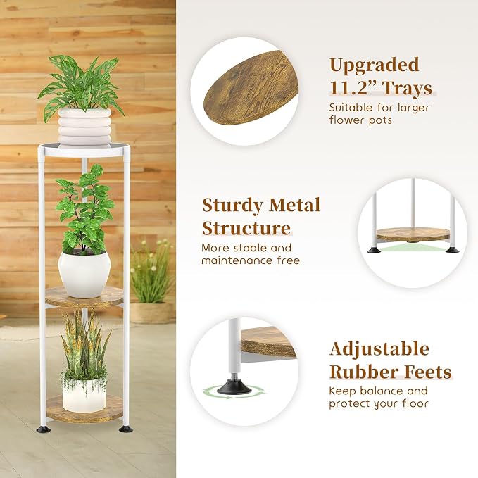 KMOTASUO Metal Plant Stand Tall for Indoor Outdoor Corner, 3 Tier White | Heavy Duty Flower Holder Rack, Modern Vertical Iron Shelf for Patio Bathroom Office Garden