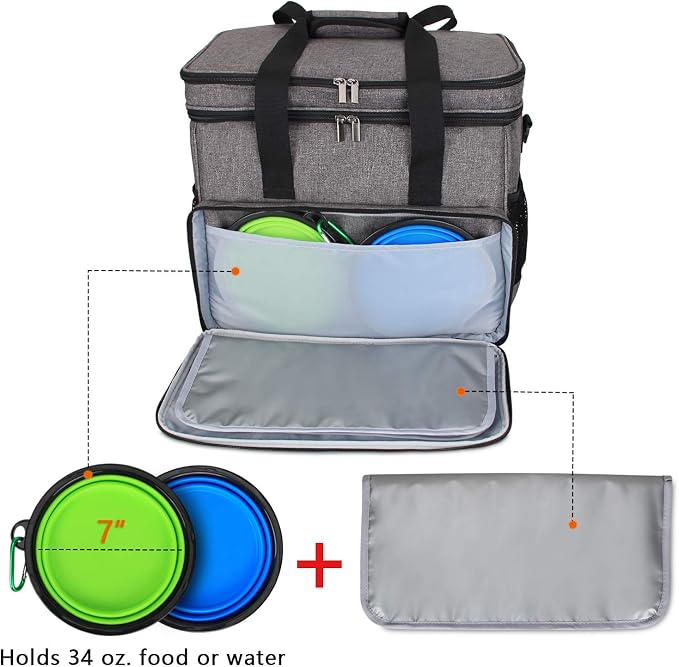 Teamoy 2 Layer Dog Travel Bag, Pet Supplies Weekend Tote Organizer, Gray | Large Dog Bag for Supplies with 2 Silicone Collapsible Bowls, 2 Food Carriers, 1 Water-Resistant Placemat